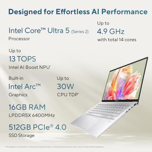 Image of ASUS Zenbook 14 (2026), Intel Core Ultra 5 225H (Series 2),Intel Arc iGPU,16GB /512GB,FHD+ OLED,Touch Screen,14 inch(35.5 cm),Win 11,M365 Basic(1Y),Office 2024,Silver,1.28 Kg,UX3405CA-QL1507WS,AI Laptop