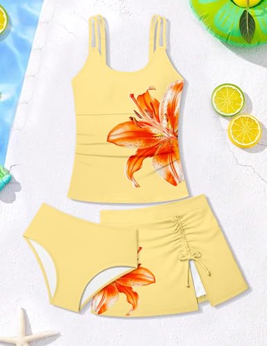 Image of Girls Swimsuit Tropical 3 Piece Tankini Adjustable Strap Bathing Suit Solid Modest Swimwear with Drastring Skirt 9-16y