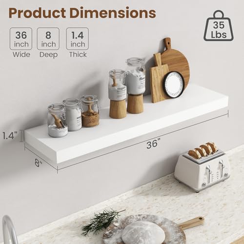 Image of 36 Inch Floating Shelves for Wall, 8 Inch Deep Floating Shelf for Storage & Display, Rustic Wall Mounted Shelf with Invisible Brackets for Living Room, Kitchen, Bathroom, Home Decor, Set of 2, White