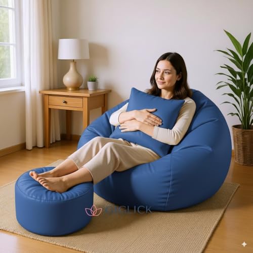 Image of 4XL Bean Bag Cover with Foot Stool & Cushion Cover | Premium PVC Leatherette | Double Stitched | 6 Months Warranty (Beans Required) Color- (Royal Blue)