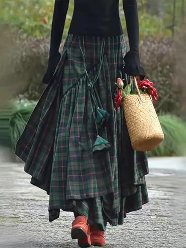 Vintage Asymmetrical Tiered Maxi Skirt, Double-Sided Plaid Pattern, A-Line Silhouette2
