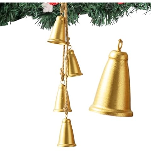 Christmas Bells, Gold Cow Bells Christmas Decor Indoor, 4-PCS Rustic Brass Bells Vintage Hanging Bell for Christmas Tree Decoration, Door Knob (Cone) Cover