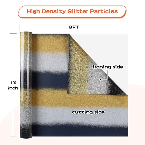 Image of guangyintong Rainbow Glitter Heat Transfer Vinyl Rolls - 12 inch x 8ft Silver-Black-Gold Gradient Glitter HTV Vinyl for Shirts, Iron On Vinyl for All Cutter Machine - Easy to Cut & Weed for Vinyl Design