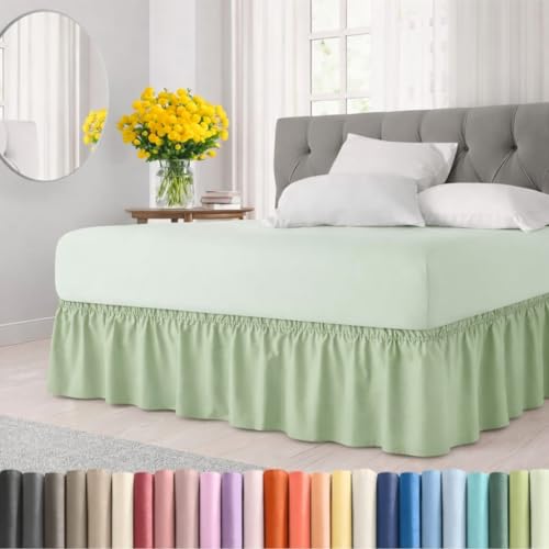 Image of Bed Skirt - Wrap Around Dust Ruffle Bed Frame Cover with Easy Fit Elastic Strap, Double Size 15 Inch Inch Drop, Microfiber Pleated, Machine Washable | Sage Green, (72inchx72inch)