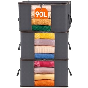 Lifewit Lot de 3 Sac de Rangement Vetement 90L, Grand Boite Rangement Caisse Rangement Cartons Déménagement pliable Housse Rangement Couette pour Couvertures Jouets Vêtements, Gris