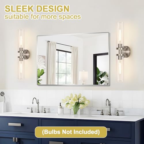 Image of Wall Sconces Set of Two, Hardwired Brushed Nickel Bathroom Sconces Wall Lighting with Clear Glass, Modern Sconces Wall Decor Set of 2 Bathroom Light Fixtures for Mirror Hallway (Bulbs Not Included)