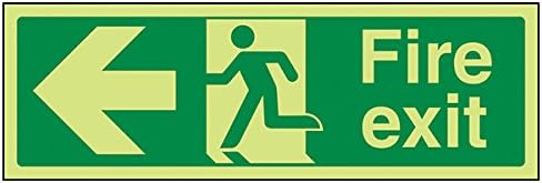 VSafety Glow In The Dark Fire Exit Arrow Left Sign - 300mm x 100mm - Rigid Plastic