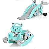 Costzon 5 in 1 Toddler Slide Rocking Toy, Slide for Kids with Detachable Stool, Basketball Hoop and Ring Game, Foldable Climber Playground Slide for Both Indoors Outdoor Use (Blue Penguin)