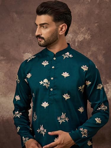 Image of Men's Calf Length Silk Blend Embroidered Solid Kurtas | Men | Kurtas for Mens | Straight Fit Kurta for Men's