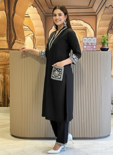 Image of SHEINZY Women's Embroidered Kurta Set with Pants | 3 /4 Sleeve V-Neck Kurti with Floral Thread Work | Ethnic Indian Wear for Casual & Festive Occasions | Comfortable Co-ord