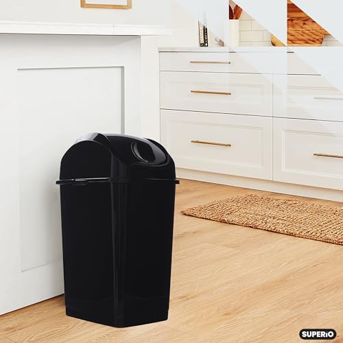 Image of Superio Kitchen Trash Can with Swing Top Lid 9 Gallon Slim Waste Bin 37 Qt Sturdy Plastic Garbage Can Medium Recycling Bin for Office, Bathroom, Under Counter, Dorm, Bedroom (Black)
