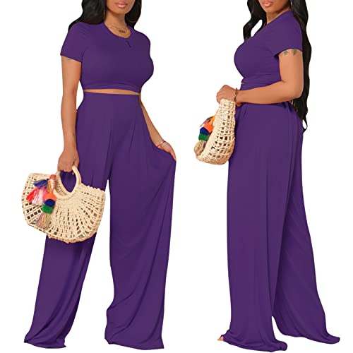 Image of Casual Summer 2 Piece Outfits for Women Crop Top High Waist Pants Sets