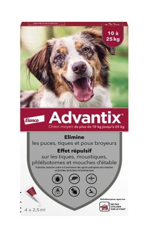 ADVANTIX Chien Moyen – Anti-Puces et Anti-Tiques – 10-25KG – 4 Pipettes
