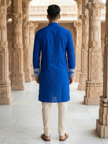 Image of Men's Jamdani Printed Kurta Pajama Set | Pure Cotton Ethnic Kurta with Mandarin Collar & Dupion Silk Pyjama | Festive & Weddings 303A12A 303SB12B(M XXL)
