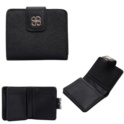 Women's Black Leather Wallet, Gold Logo Clasp, Multiple Card Slots, Stylish