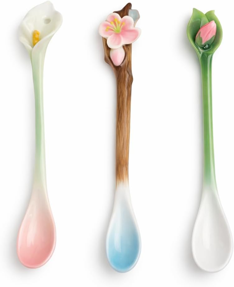Two's company Ceramic Garden Party Hand-Painted Porcelain Spoons Set of 3 – 6” Floral Tea & Coffee Spoons – Decorative Dessert & Stirring Spoons Gift Set