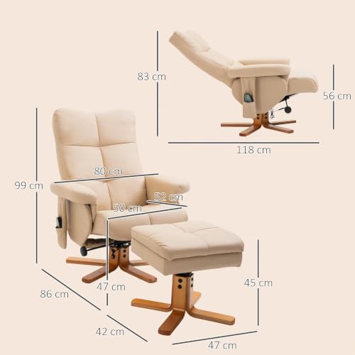 HOMCOM Fauteuil de Relaxation massant avec Pouf, Fauteuil Relax Salon pivotant à 360°, Dossier inclinable, télécommande, Poche latérale, Rangement caché, revêtement PU, Chaise TV pour Salon, crème – vue 3