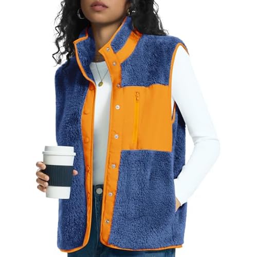 Rapbin Vests for Women Lightweight Stand Collar Sherpa Fuzzy Fleece Vest Buttoned Sleeveless Jackets with 3 Pockets Blue Orange Medium