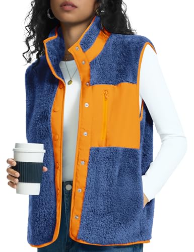 Rapbin Fleece Vests for Women Lightweight Stand Collar ladies Gilet Casual Buttoned Sleeveless Jackets with 3 Pockets, Blue Orange, M
