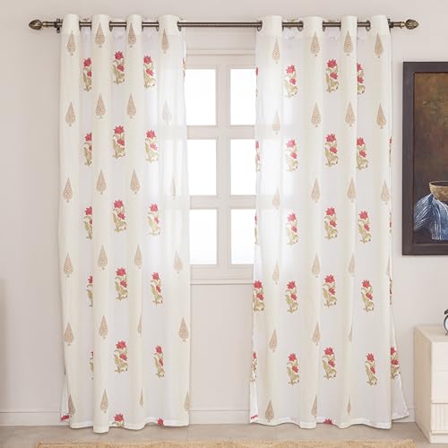 Image of Clasiko Block Print Sheer Window Curtains; 40% Light Filtering Linen Textured Curtains with Eyelets | Set of 2 | 54x60 Inches / 5 Feet | Royal Mandala