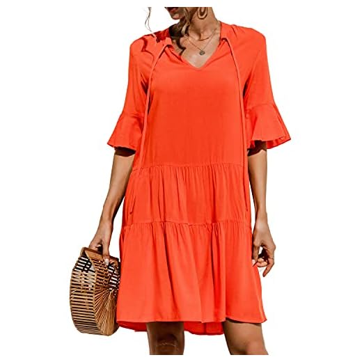 datasy Sommarklänning dam, knälång, chic, lätta sommarklänningar, leopard klänning för damer, klänningar, sommar, blommönster, Orange-2, XL