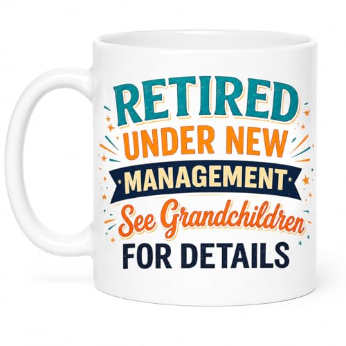 Image of Vacso Trading Retired Under New Management Mug – See Grandchildren for Details – Funny Retirement Mug – 11oz White Sublimation Mug – Retirement Gift for Grandad Grandpa Dad