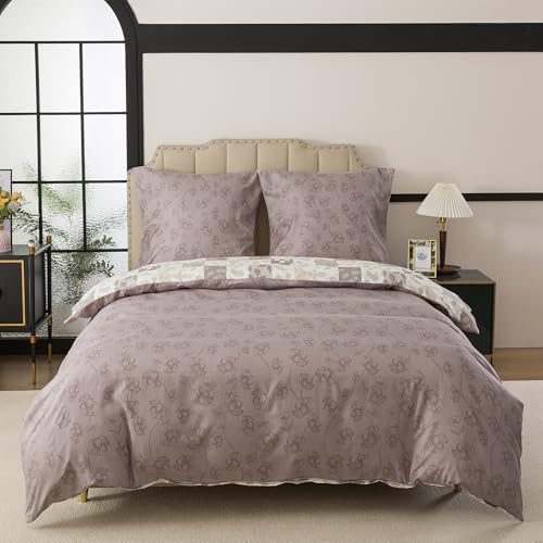 WUMIUER Parure de lit végétale 200x220 3 pièces Housse de couette - À carreaux Feuille Parure de lit réversible Ensemble de literie 200 x 220 cm et 2 taies d'oreiller 80x80cm avec fermeture éclair