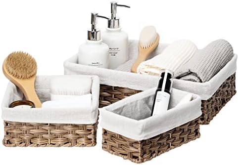 FairyHaus Wicker Baskets for Organizing, Waterproof Rectangle Small Wicker Storage Basket for Shelves, Nesting Lined Wicker Basket Set of 3, Rustic Brown