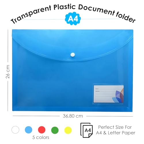 Image of Shuban Document File Folders with Snap Button Closure, Waterproof Plastic Envelope Pouches for Letter /A4 Size Paper, Assorted Transparent Colors (Style-3-Plain Transparent Folder-4Pcs-Mix Color)