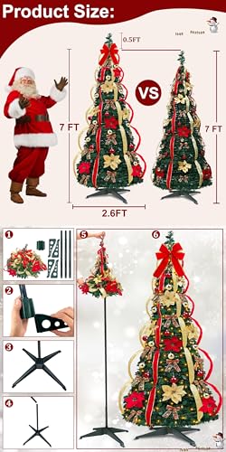 Turnmeon JT-DC300V0200-C 7 Ft Pop Up Full Christmas Tree Prelit 8 Modes 250 Warm White Lights Timer,Pre-Decorated 1 Minute Pull Up Christmas Tree 84 Ornaments Ul Plug In Collapsible Xmas Trees Outdoor Indoor Holiday Decor thumb #1