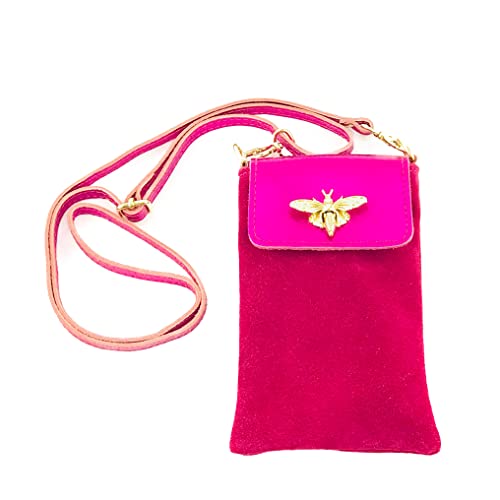 Bandoulière pour téléphone portable cuir véritable ajustable avec portefeuille rose
