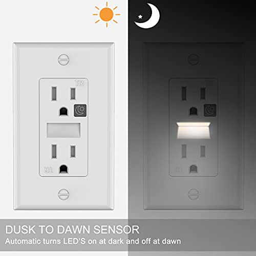 Image of SOZULAMP 15A Outlet with Night Light, TR, 4-Pack | Auto on /off nightlight. Glows through outlets. Shutters block objects. For halls, stairs, baths. Plates & 12-month warranty.
