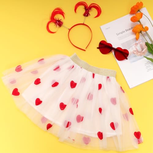 Image of 3Pcs Valentine's Tulle Skirt Sets Heart Embroidered Ballet Skirt with Heart Glasses Ponytail Headband for Girls
