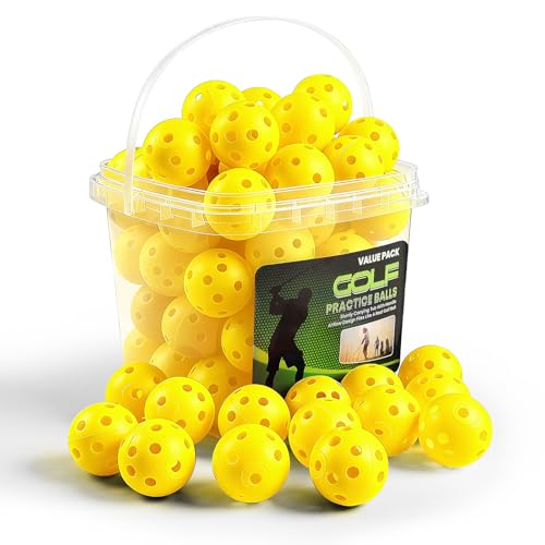 Amy Sport Golf Practice Balls Plastic Value 50 Pack and Golf Ball Bucket with Handle, Limited Flight Sports Training Ball, Indoor Outdoor Backyard Garden Driving Range Use (Yellow)