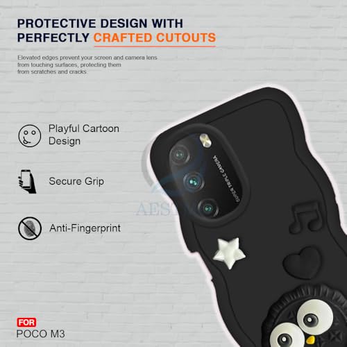 Image of AESTMO Back Case Cover for Poco M3 | 3D Cute Fun Cartoon Characters | Anti Slip Grip Cute Wave Curly Frame Shape | Full Body Protection Back Cover for Poco M3 (Black)