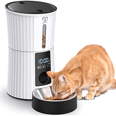 Casfuy 6-Meals Automatic Cat Feeder - (Dry Food ≦ 18mm) Clog-Free 4L Automatic Dog Feeder W/ Slow Feeding 0-60s Per Portion 1-50 Portion Control Programmable Timer & 10s Voice Recorder for Small Pets Cover
