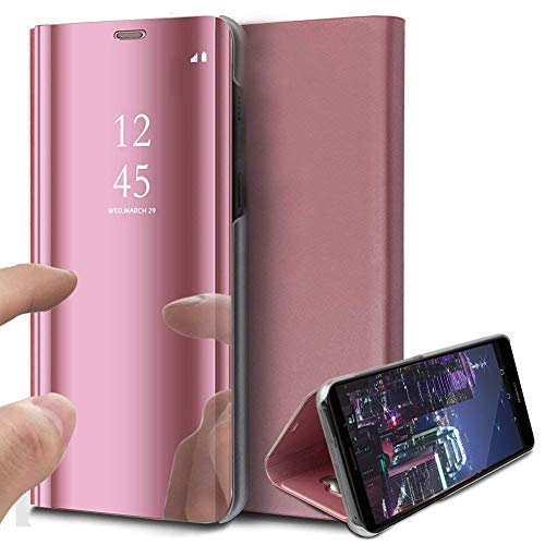 HMTECH Carcasa Xiaomi Mi 8,Funda Xiaomi Mi 8 Espejo Mirror Libro Flip Soporte Plegable Espejo Enchapado Ultra Delgada Window View Delantera y Trasera Completa Protectora Carcasa,Mirror PU Rose Gold