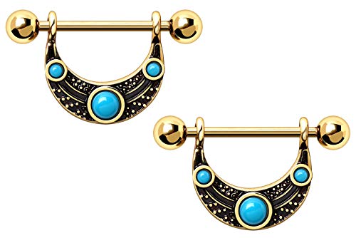 Pierced Owl Gold Plated Turquoise Beaded Tribal Nipple Barbells, Sold as Pair
