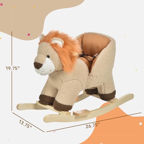 Qaba Baby Rocking Horse Lion with Sound, Plush Stuffed Rocking Animals, Wooden Rocking Horse with Seat Belt for 18-36 Months Boys and Girls Gift, Brown - Thumbnail 7