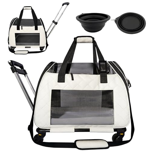 Rolling Cat Carrier with on Wheels, Small Dog Pet Car Travel Carrier Collapsible Bag with Rollers Wheels, Carrier for Cats Under 20 LBS/Dog Puppy Under 20 LBS (Large Size, Not for Airplane)