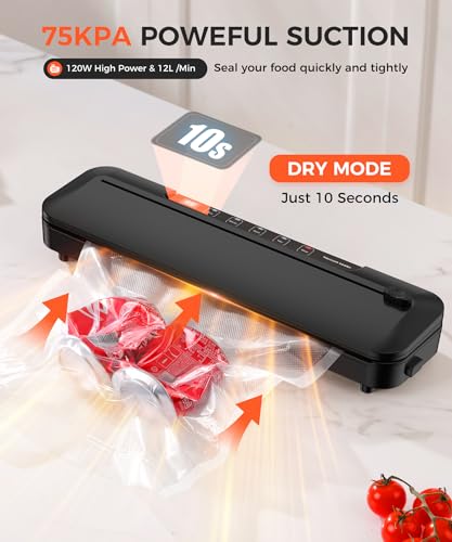 Vacuum Sealer Machine,75Kpa Precision Suction Power 6-in-1 Food Sealer with Digital Timer, Dry & Moist Food Modes, Compact Design with 10 Vacuum Bags & Bulit-in Cutter (Black)
