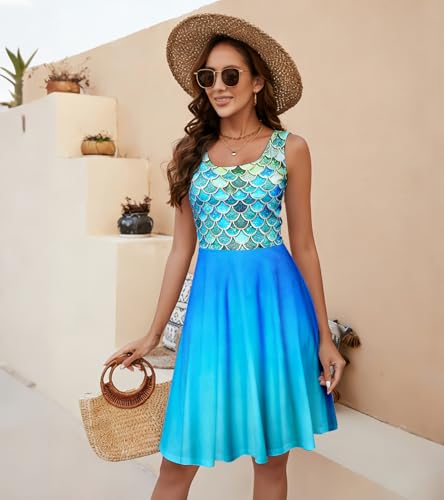 Image of uideazone Women Funny Print Sleeveless U Neck A Line Casual Midi Dress | Soft Stretchy Breathable Fabric Flared Swing Sundress Fitted Waist for Daily Wear 80 /90s Themed Party Beach Vacation Trips