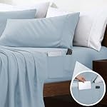 Swift Home Smart Sheets, Ultra Soft Brushed Microfiber 3-Piece Sheet Set, Fitted Bed Sheet with Side Storage Pockets – Blue Fog, Twin XL