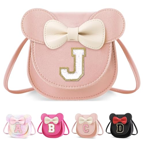 XSUIOY Toddler Purse Girl Wallet for Kids 2-9 Year Old Birthday Gifts,Cute Mouse Ear Bow Crossbody Shoulder Purses,Personalized Initial Purse Toddler Wallet Gifts for Little Girl(pink_J)