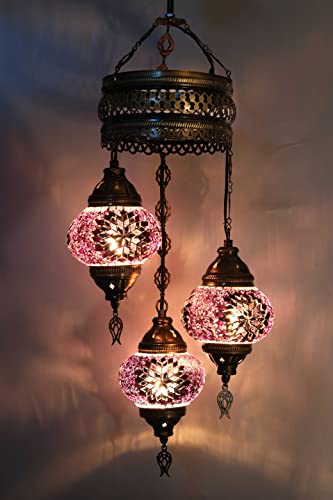 Asylove Turkish Ceiling Lamp, Mosaic Pendant Lamp Turkish Chandeliers 3 Globe Moroccan Ceiling Lighting Art Deco Brillant Fixture, 5 inc Globe - Total Dimensions 14x14x35 inch (Purple)