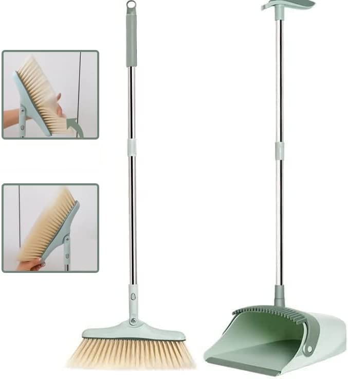 Broom and Dustpan Set Rotating Head 180 Degree, Windproof Dust Pan Comfort Handle, Strong Stainless Steel Use for Home, Kitchen, Restaurant, Hospital, Lounge, Airport