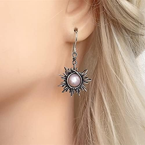 Boho Opal Sun and Moon Drop Dangle Earrings Moonstone Natural Stone Hook Bohemian for Women Girls Asymmetrical Antiqued Silver Celestial Jewelry-A