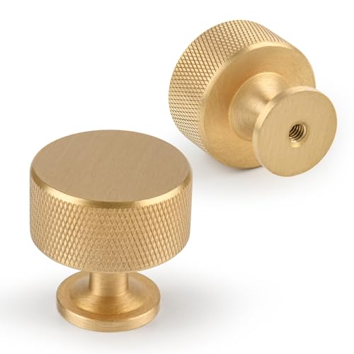 AQKKNY 5 Pack Brushed Gold Solid Brass Kitchen Cabinet Knobs,Drawer Pulls, 1.1 Inch 27mm Diameter, Modern Furniture Handles for Cupboard Wardrobe(Modern Reticulation)