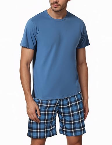 Litherday Schlafanzug Herren Kurz Pyjama Baumwolle Kurzarm Zweiteiliger Pyjama Set Nachtwäsche Kurzarm Oberteil und Karierte Schlafanzughose...