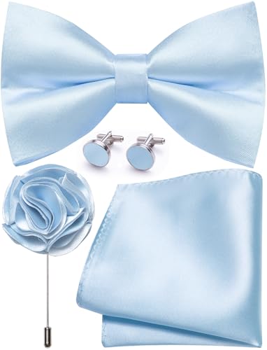 Image of Solid Color Bow Ties for Men Silk Pre-tied Tuxedo Bowtie Set 4PCS | Pre-tied in 3 seconds,adjustable 4PCS bow tie and pocket square cufflinks lapel pin set,wedding,formal,party,prom,graduation